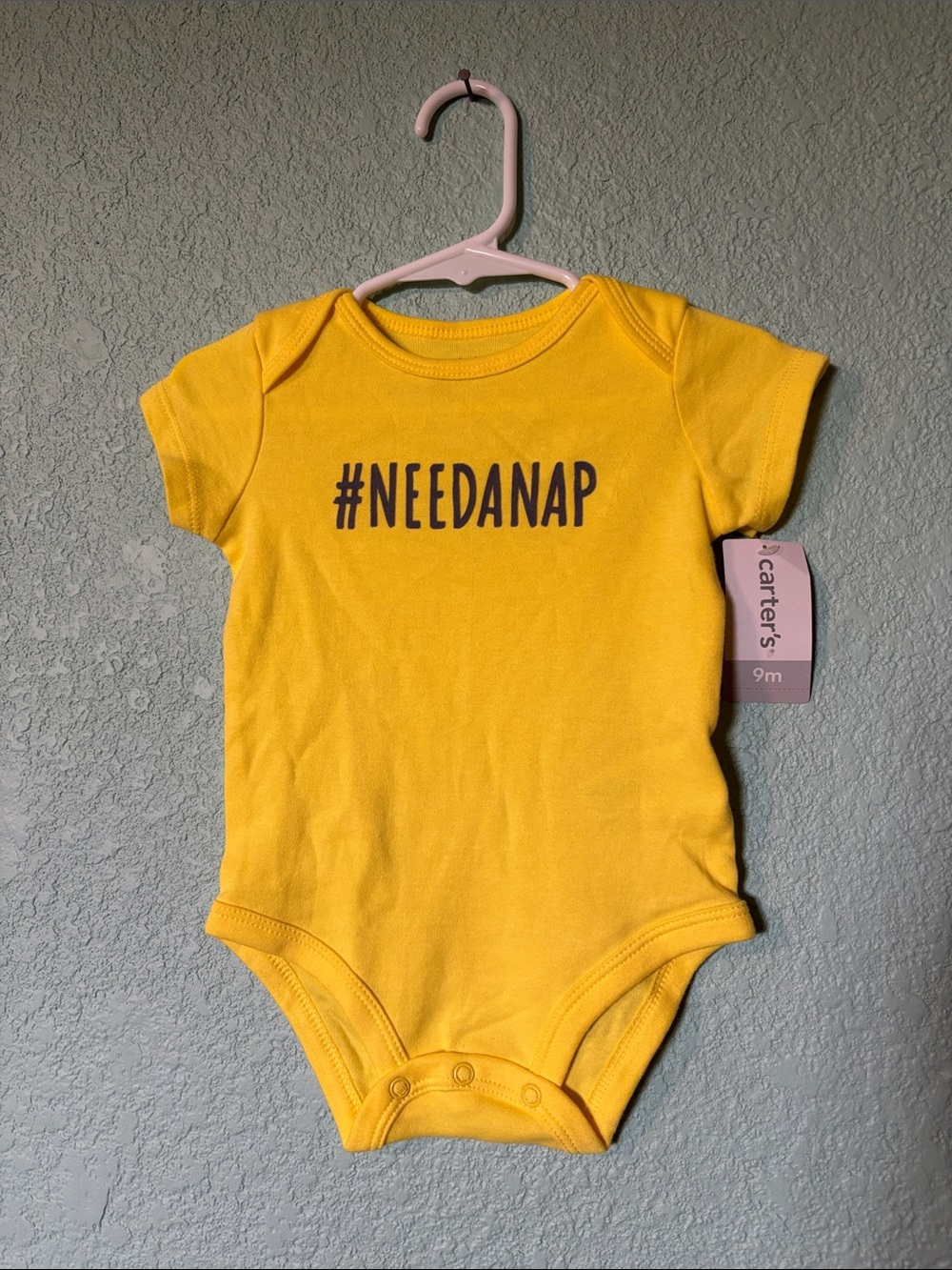 Carter's Yellow Short Sleeve Baby One-Piece with #NEEDANAP Print 9 mos NWT